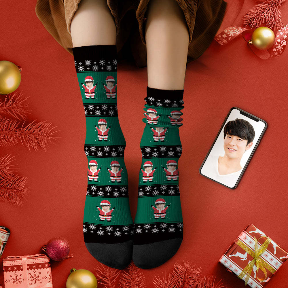 カスタムフェイスソックス-写真入れ名入れ可能なオリジナルクリスマス靴下プレゼント-雪花とサンタクロース柄
