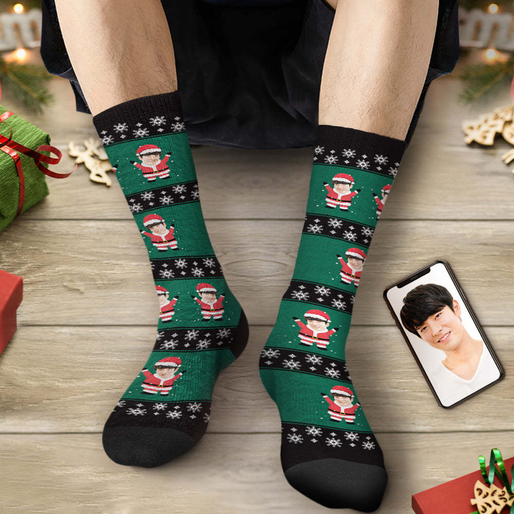 カスタムフェイスソックス-写真入れ名入れ可能なオリジナルクリスマス靴下プレゼント-雪花とサンタクロース柄