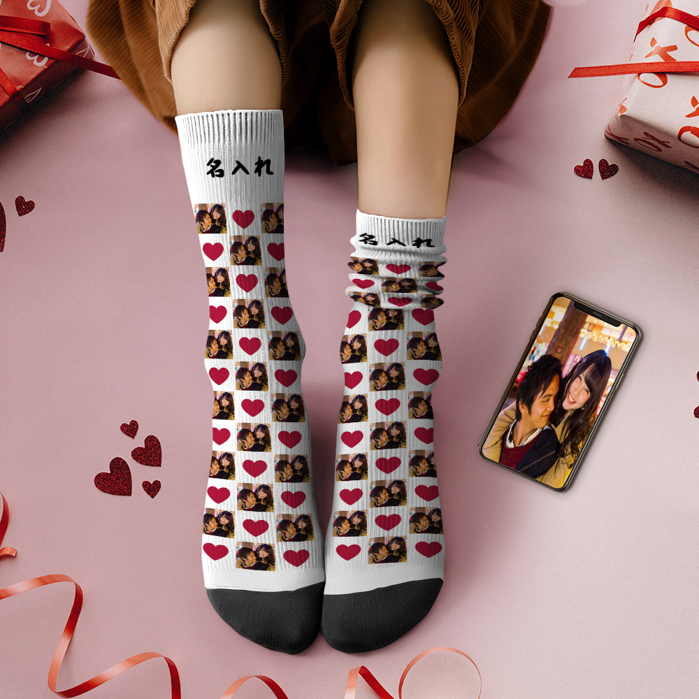 カスタムフォトソックス-思い出写真入れ名入れ可能なオリジナルバレンタイン靴下プレゼント-ハート形柄