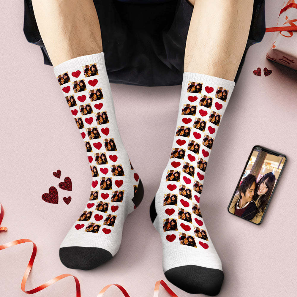 カスタムフォトソックス-思い出写真入れ名入れ可能なオリジナルバレンタイン靴下プレゼント-ハート形柄