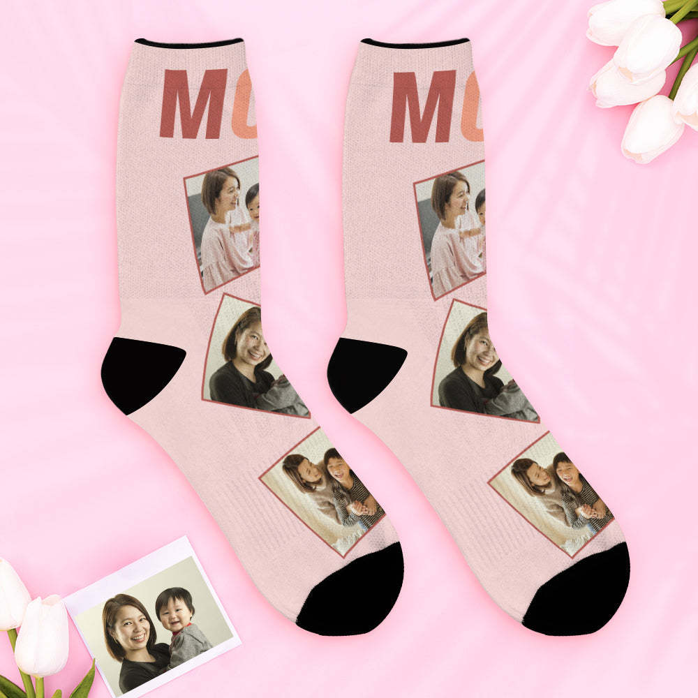 カスタムフォトソックス-写真3枚入れ可能な母の日の靴下プレゼント-MOM