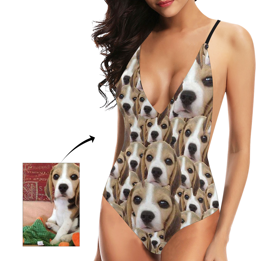 カスタムかわいい犬の顔Vネック女性のワンピースセクシーな水着‐写真入れ可能なスウィムスーツ