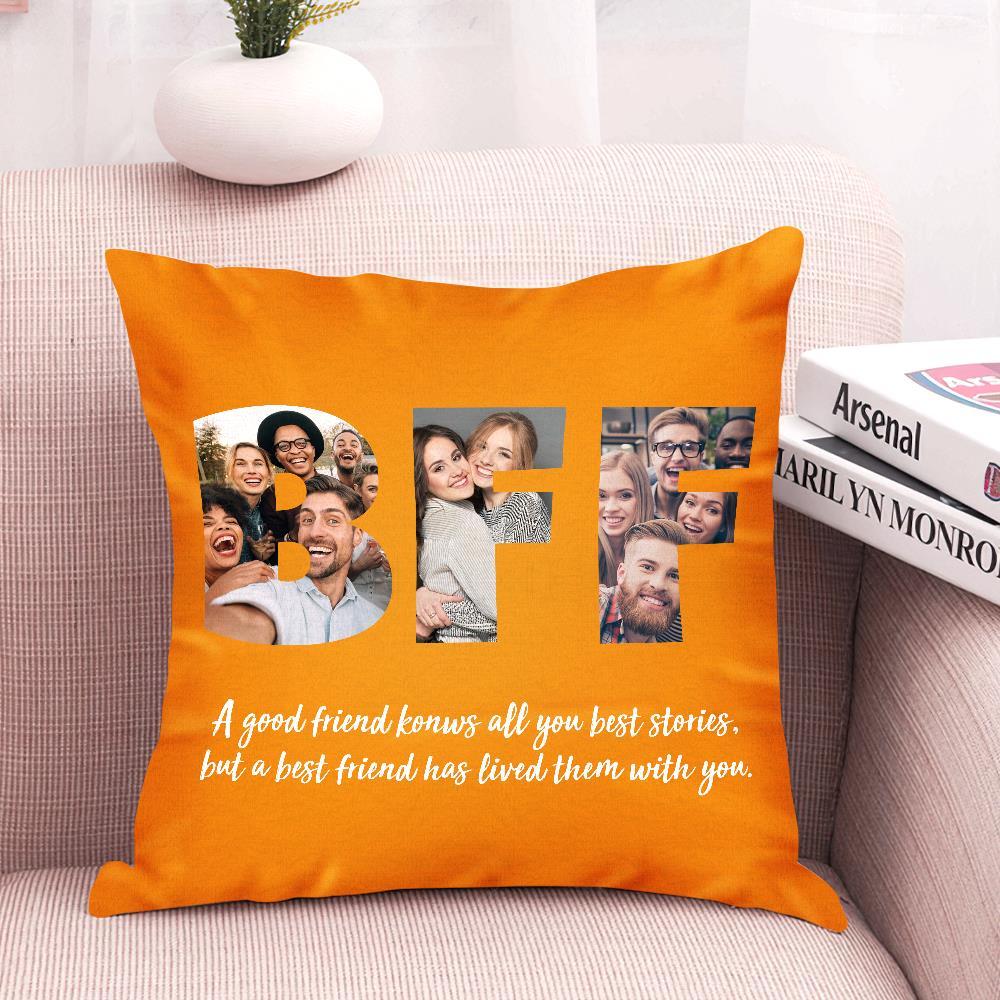 友達へのカスタム写真ポートレートクッション-3枚写真入り名入れ可能なクッション-ブルー