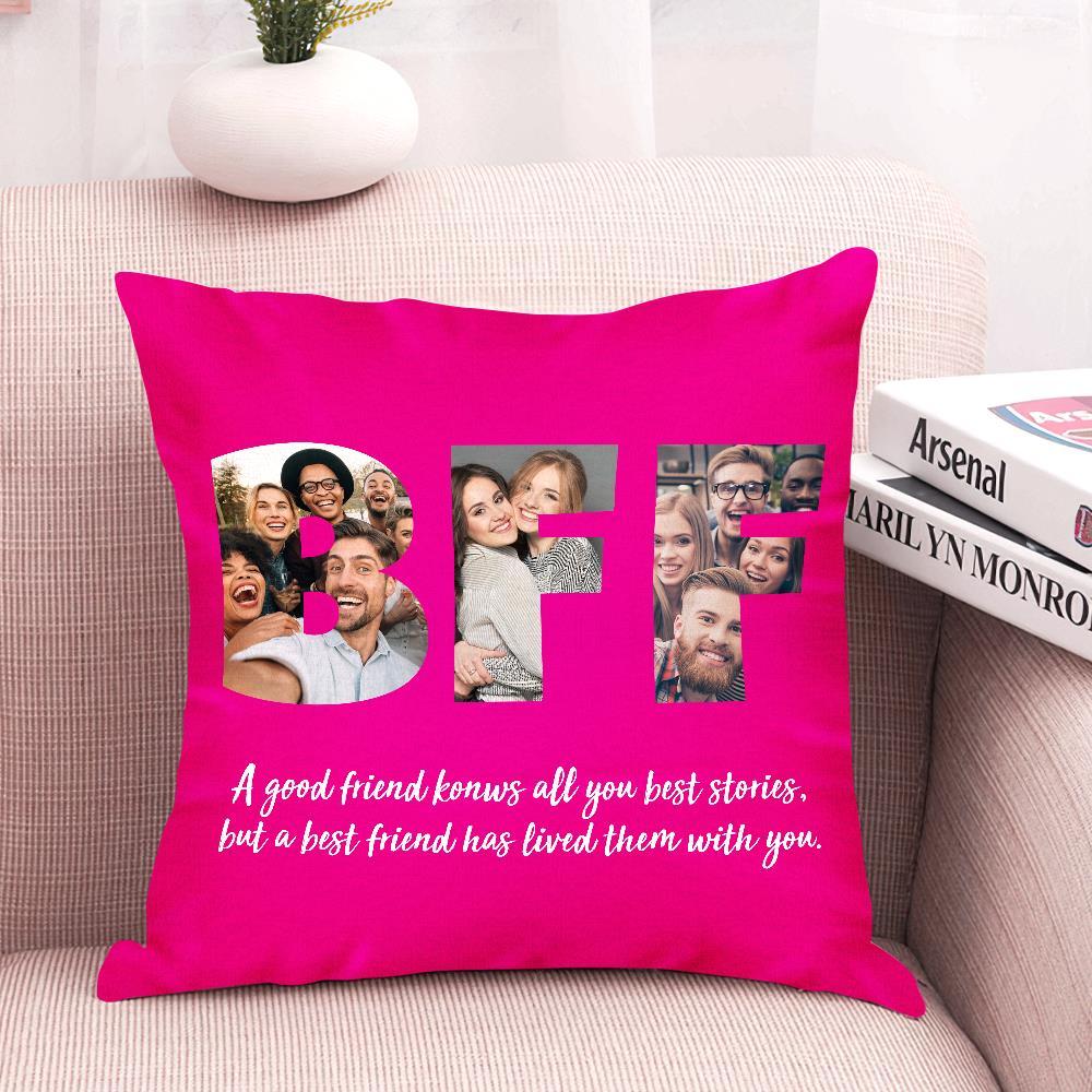 友達へのカスタム写真ポートレートクッション-3枚写真入り名入れ可能なクッション-ピンク