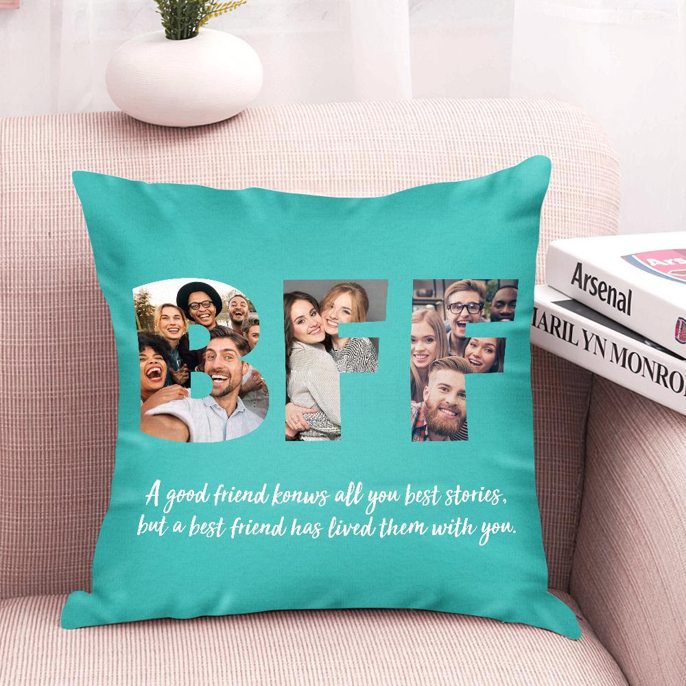 友達へのカスタム写真ポートレートクッション-3枚写真入り名入れ可能なクッション-ティール