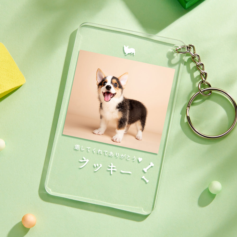 カスタムフォトアクリル製キーホルダー‐愛犬の写真と名前とメッセージ入れ可能なメモリーを込めったキーホルダー-骨柄