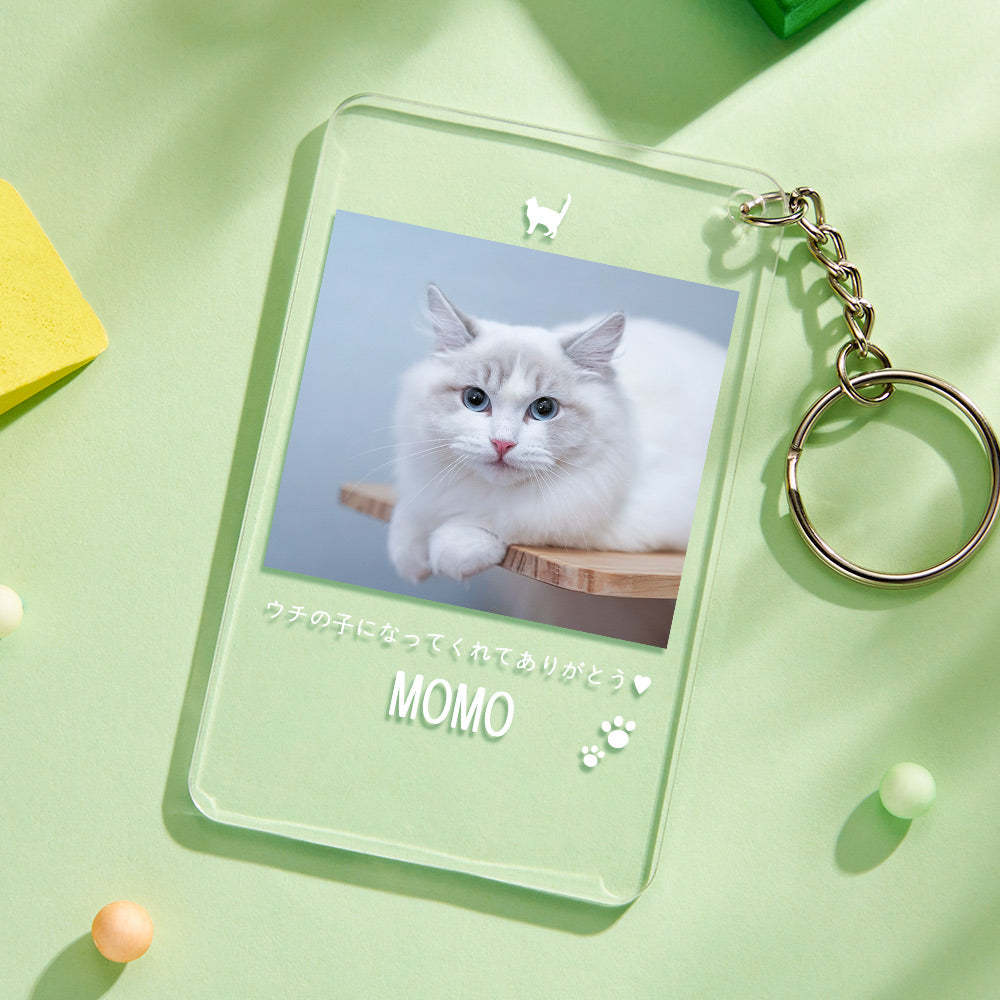 カスタムフォトアクリル製キーホルダ‐ネコの写真と名前とメッセージ入れ可能なメモリーを込めったキーホルダー-肉球柄