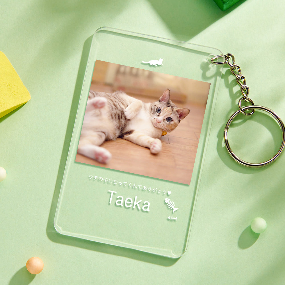 カスタムフォトアクリル製キーホルダー‐ネコの写真と名前とメッセージ入れ可能なメモリーを込めったキーホルダー-魚の骨柄