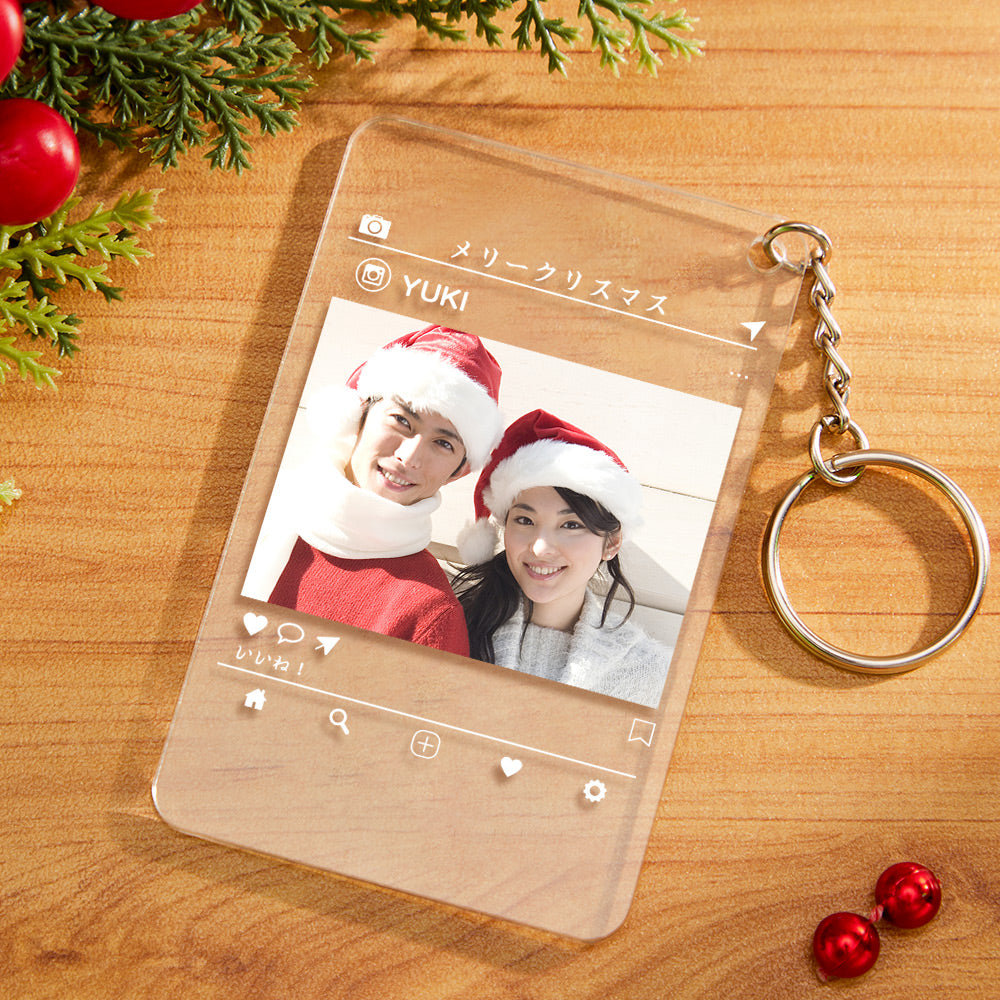カスタムフォトアクリル製キーホルダー‐写真と名前とメッセージ入れ可能なメモリーを込めったキーホルダー-恋人や友達へのプレゼント