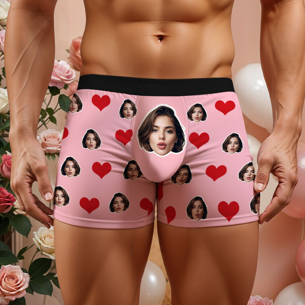 カスタムメンズフェイスボクサーレッドハートボクサーフェイスボクサーブリーフパーソナライズされたホワイトフェイスボクサーブリーフバレンタインデーの下着ギフト - 