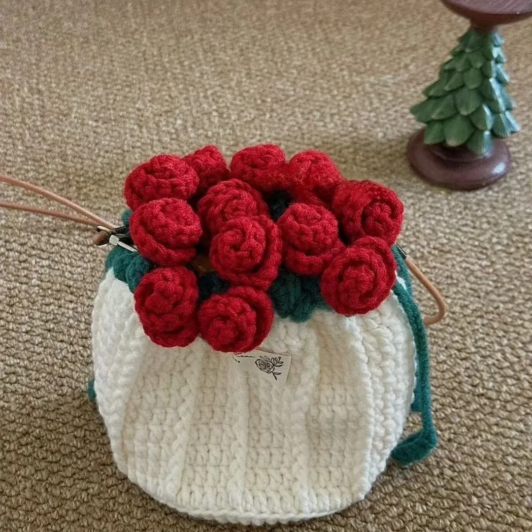 母の日ギフト 手作りローズ巾着バッグDIYキット かぎ針編み エコ素材 癒しのハンドメイド