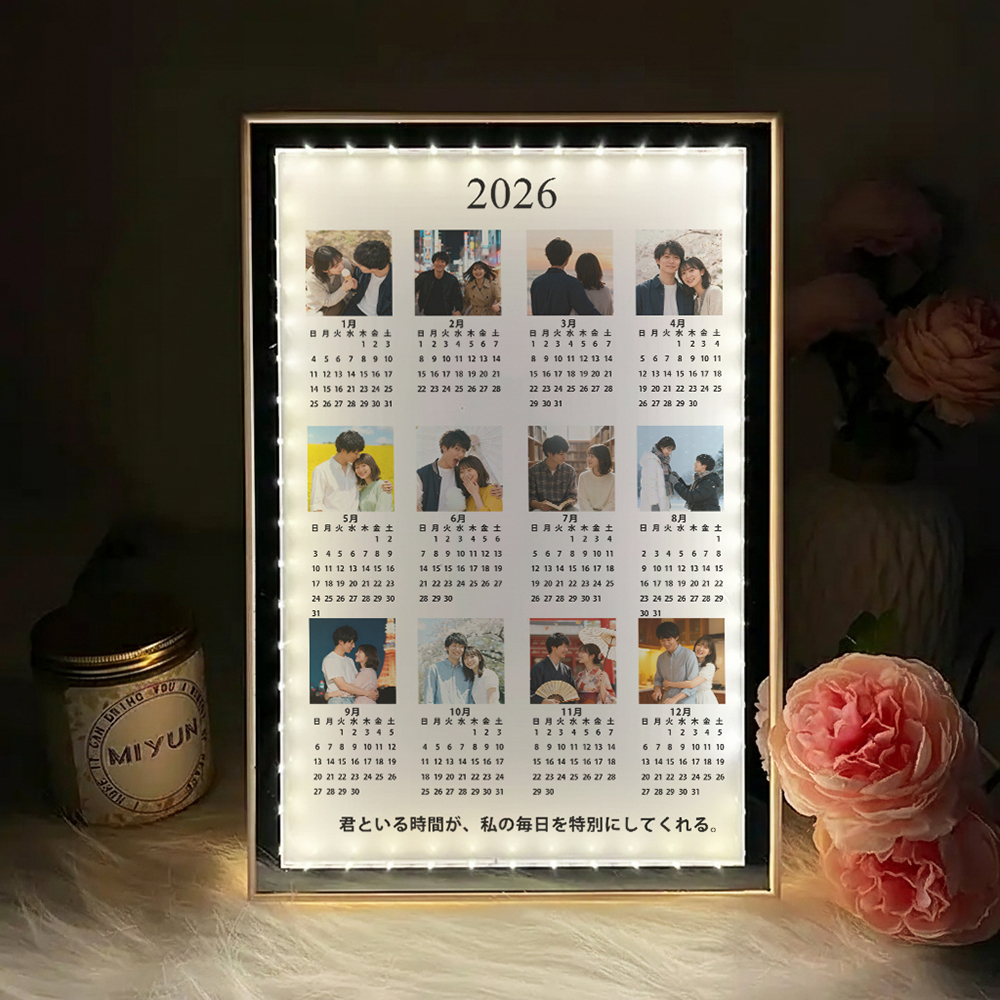 パーソナライズされた2026カレンダーミラーライトボックス写真付きカスタムledデスク装飾ギフトホーム