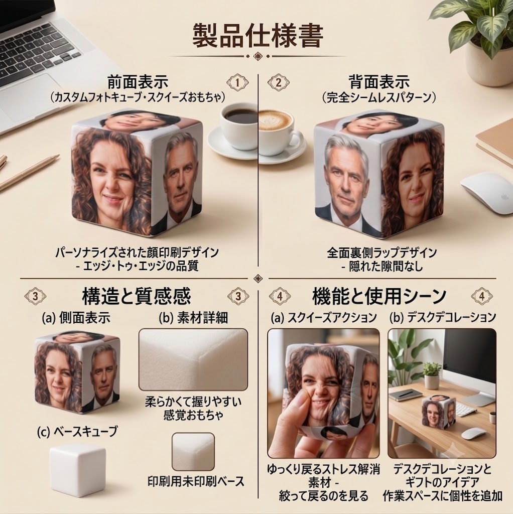 カスタムフォトキューブ スクイーズ トイ オーダーメイド 顔プリント 低反発 フィジェットトイ ストレス解消 癒しグッズ デスクトイ ユニーク顔ギフト 不安軽減 おもしろプレゼント