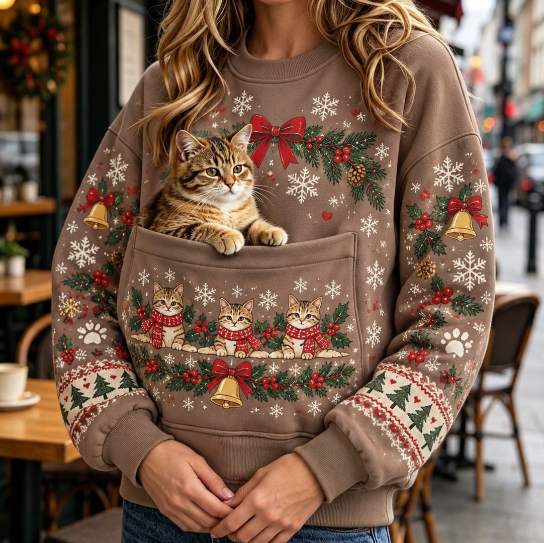 クリスマス猫柄パーカー｜ヴィンテージ風プリント 長袖フード付きスウェット ポケット付き ホリデーウェア