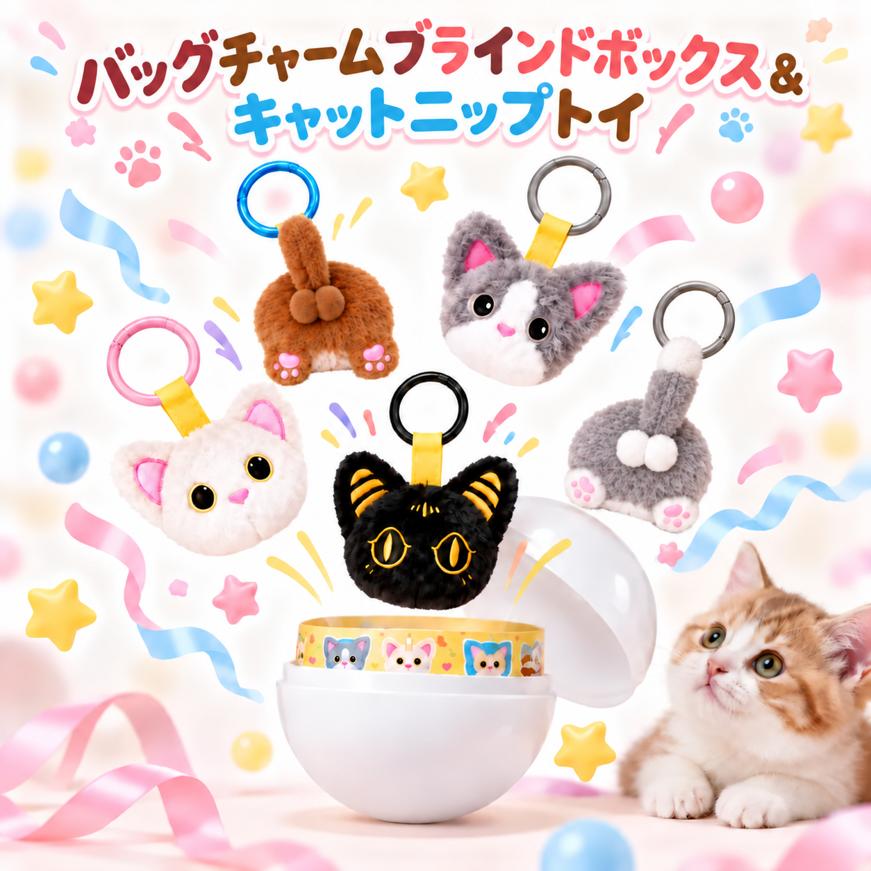 猫ガシャポン ブラインドボックス ミステリーぬいぐるみバッグチャーム&マタタビのおもちゃ
