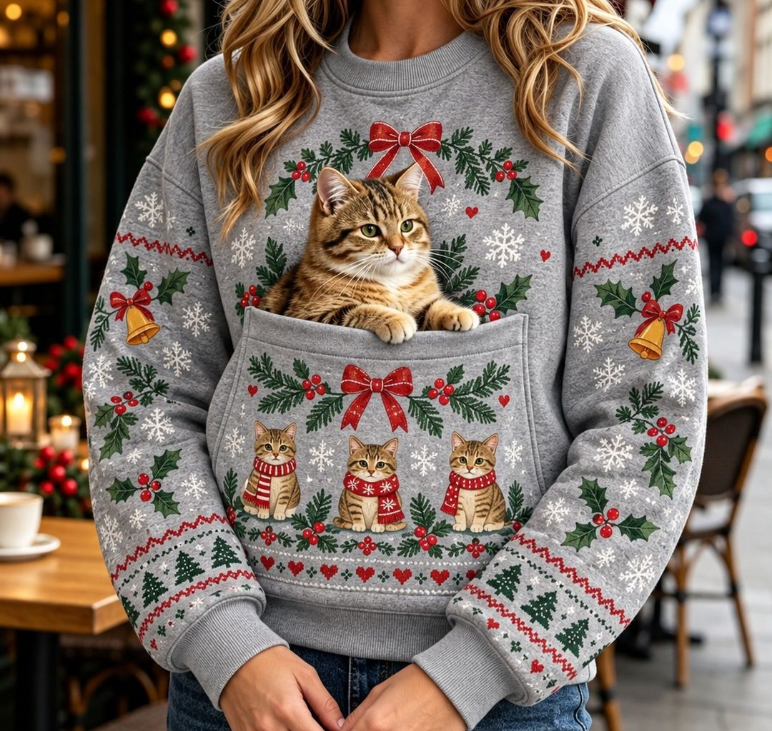 クリスマス猫柄パーカー｜ヴィンテージ風プリント 長袖フード付きスウェット ポケット付き ホリデーウェア