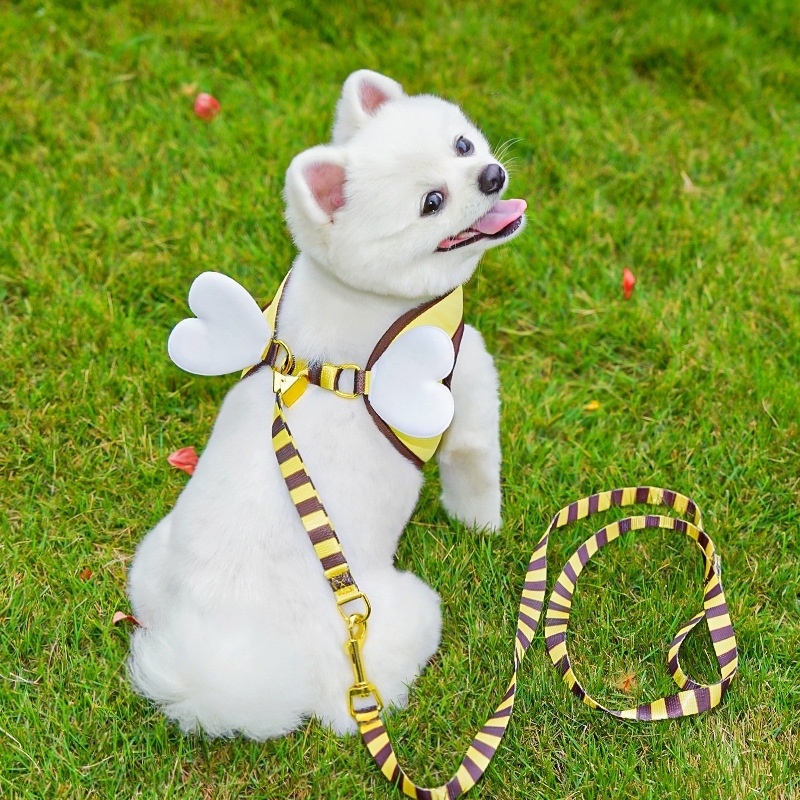 ミツバチ柄 ペット用ハーネス＆リードセット｜犬・猫用 胸当てハーネス お散歩リード付き 調節可能 小型犬・猫用