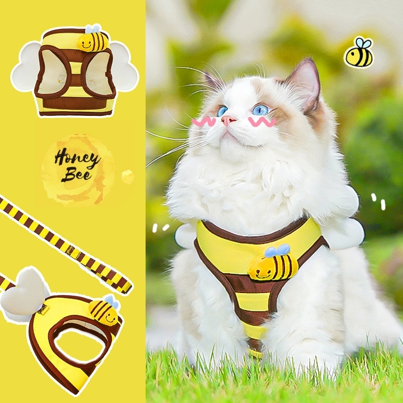 ミツバチ柄 ペット用ハーネス＆リードセット｜犬・猫用 胸当てハーネス お散歩リード付き 調節可能 小型犬・猫用