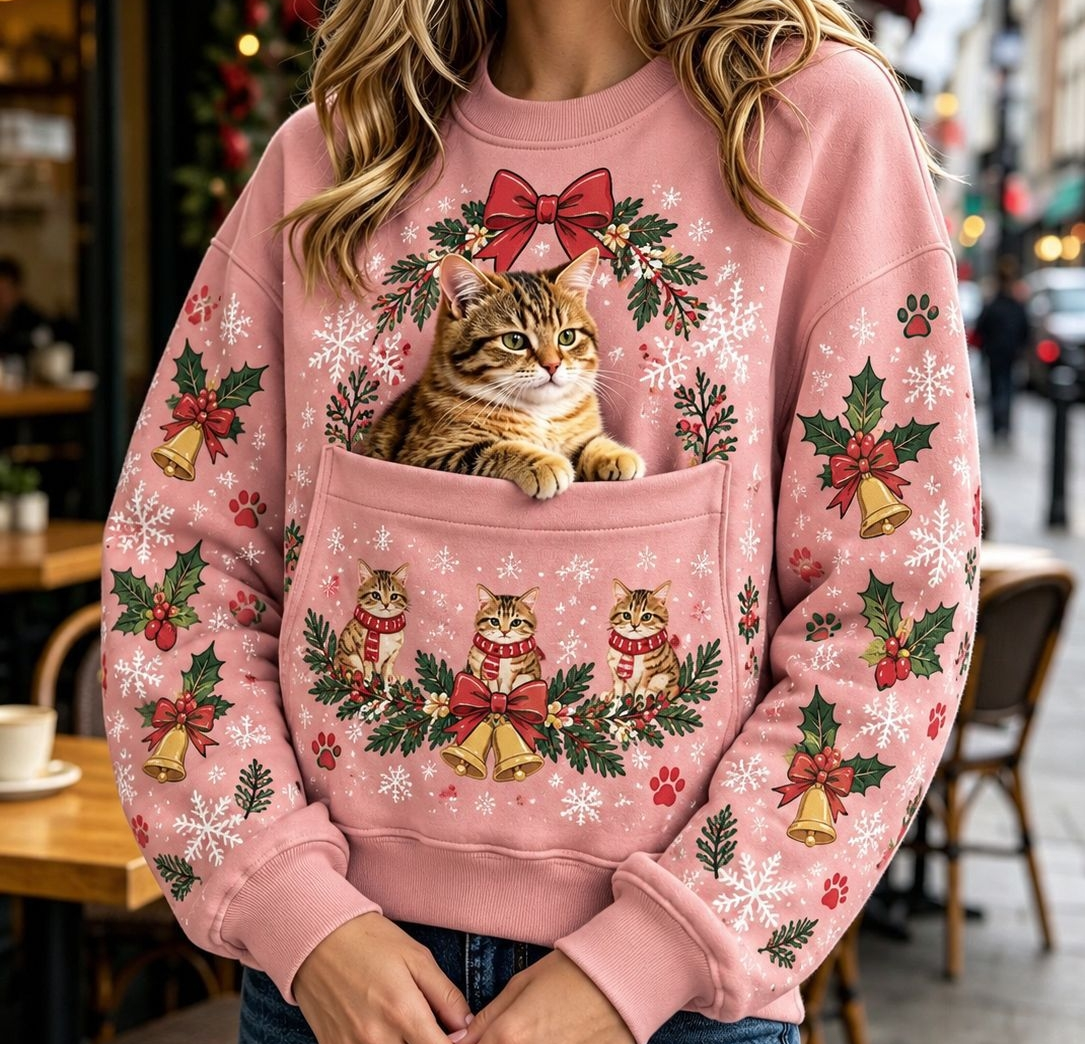 クリスマス猫柄パーカー｜ヴィンテージ風プリント 長袖フード付きスウェット ポケット付き ホリデーウェア