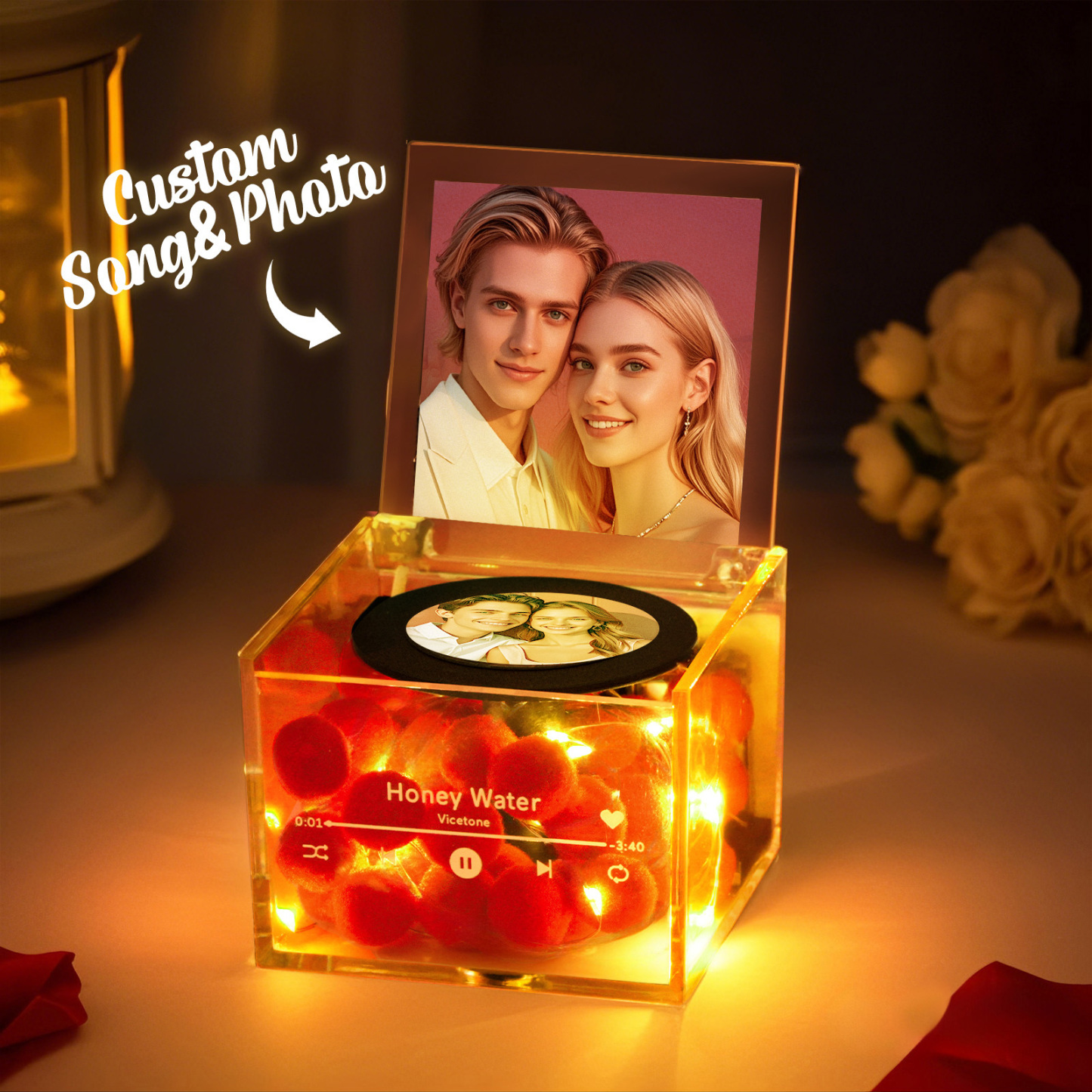 バレンタインデー ミニビニールレコードプレーヤー カスタム写真と光のパーソナライズされた音楽アクリルボックス付き -