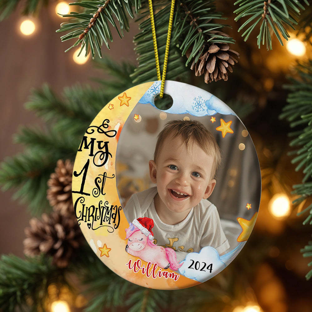 パーソナライズされた赤ちゃんの最初のクリスマスオーナメント 写真付き ユニコーン クリスマスオーナメント 子供向けギフト -