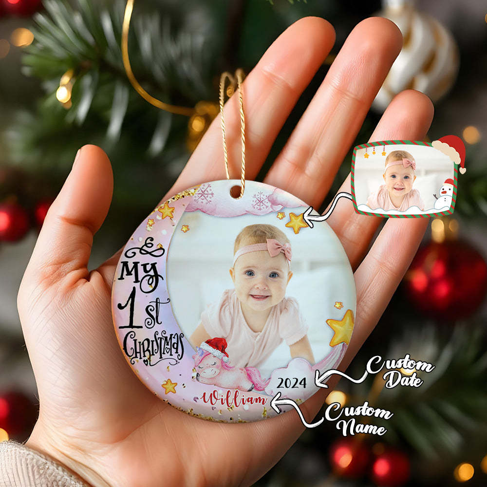 パーソナライズされた赤ちゃんの最初のクリスマスオーナメント 写真付き ユニコーン クリスマスオーナメント 子供向けギフト -