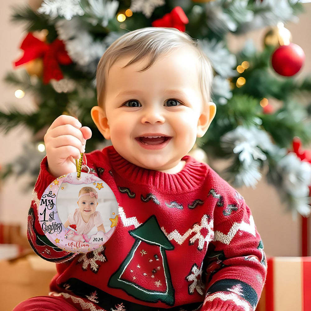 パーソナライズされた赤ちゃんの最初のクリスマスオーナメント 写真付き ユニコーン クリスマスオーナメント 子供向けギフト -