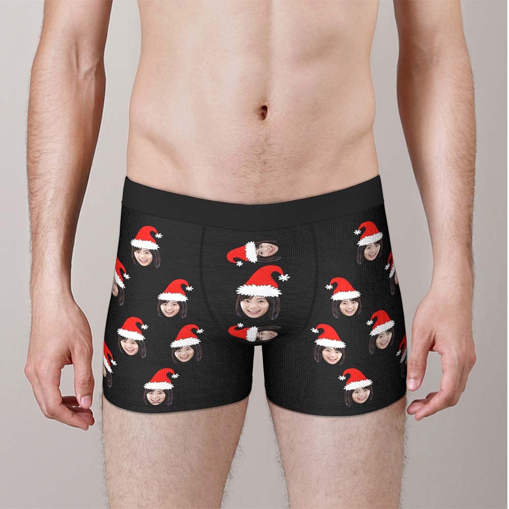 カスタムフォトボクサーパンツ-写真入れ可能なオリジナルクリスマス顔下着ショーツギフト-おもしろサンタ帽子柄