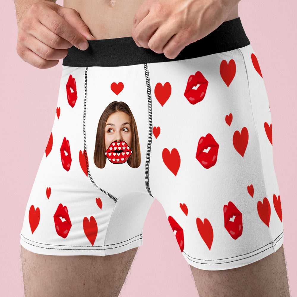 カスタムフェイスAR男性用ボクサー-写真入れ可能な面白い唇柄のボクサーパンツ彼氏へのバレンタインデーギフト