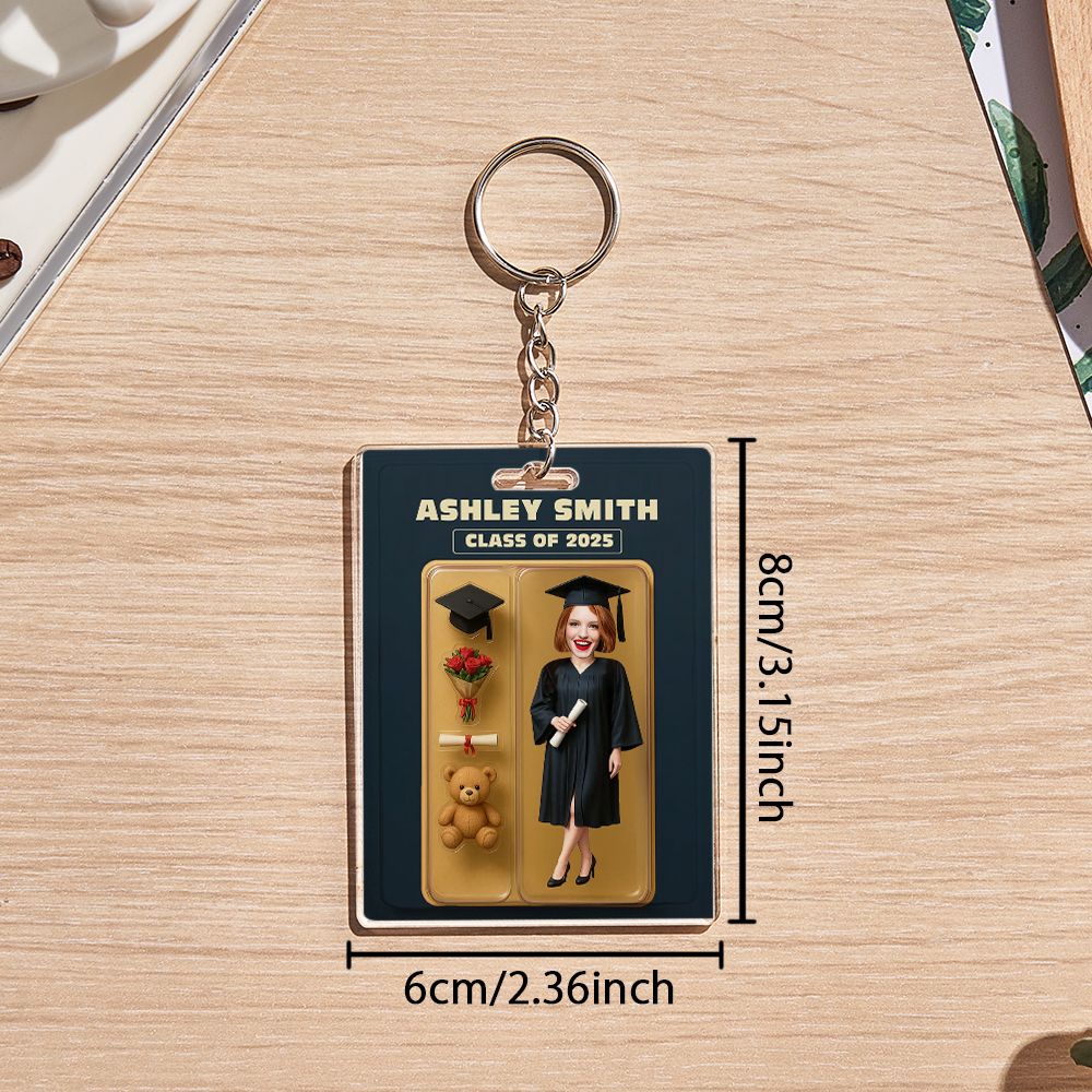 カスタム3d効果アクションフィギュアカスタマイズ可能なヘッドパッケージおもちゃ箱スタイルのアートギフトパーソナライズされたアクリルキーホルダー友人への卒業ギフト -