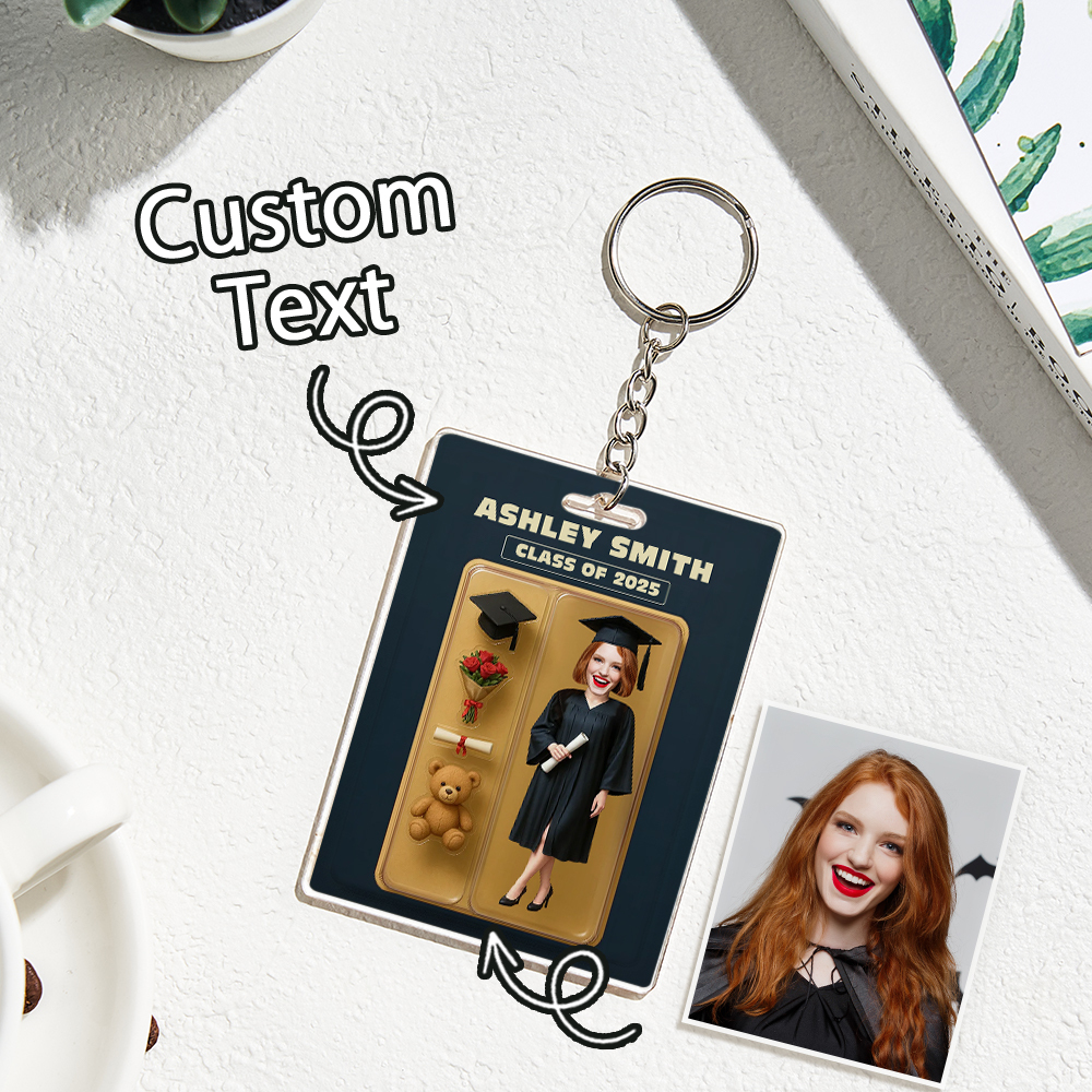 カスタム3d効果アクションフィギュアカスタマイズ可能なヘッドパッケージおもちゃ箱スタイルのアートギフトパーソナライズされたアクリルキーホルダー友人への卒業ギフト -