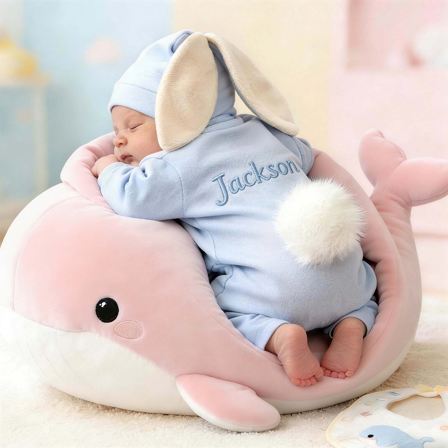 赤ちゃん用パーソナライズドうさぎ服,名前入りベビーうさぎロンパース,パーソナライズド手刺繍イースター衣装,ベビーギフト