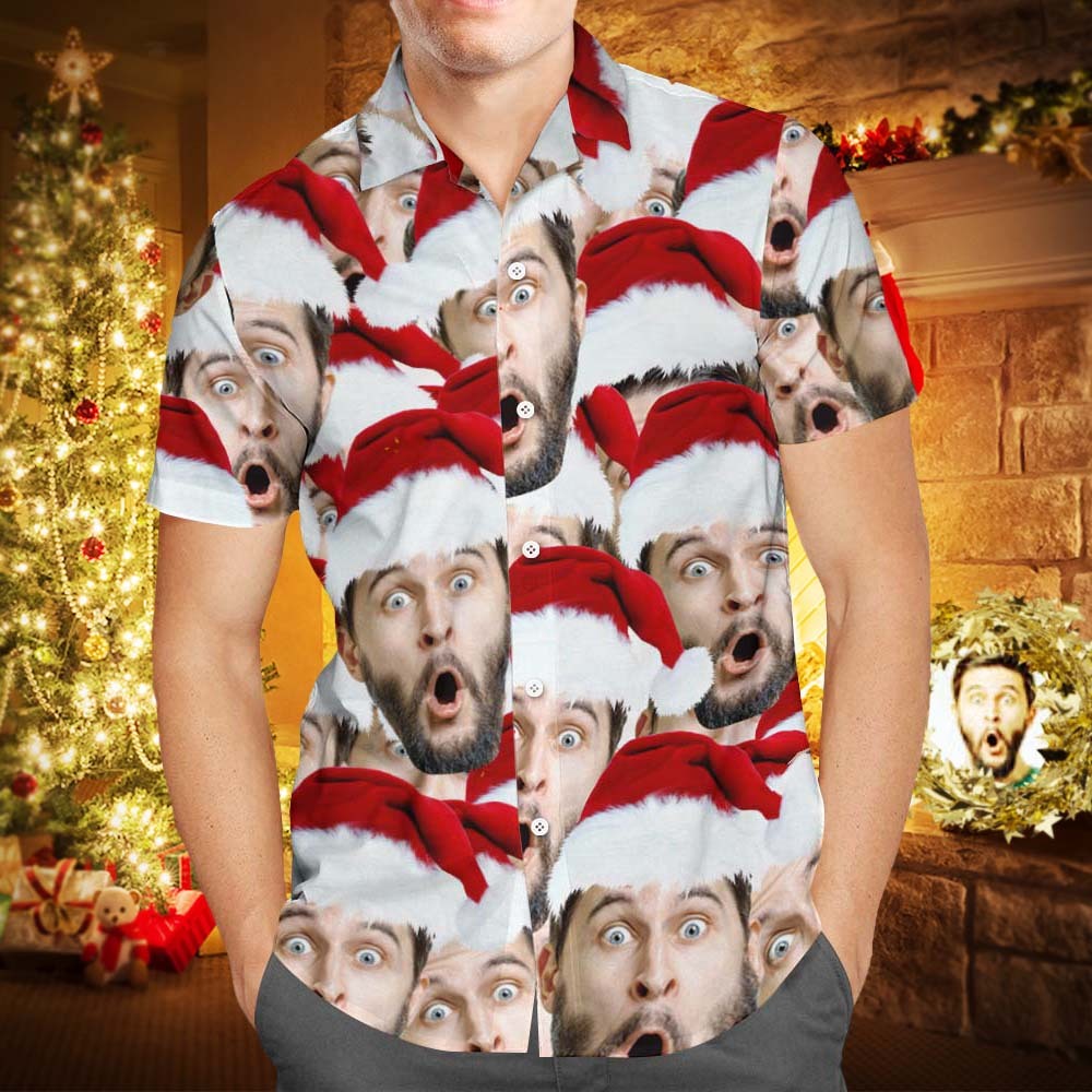 カスタムフォトアロハシャツ-写真入り可能なオリジナルクリスマスアロハシャツ-サンタクロース顔だらけ