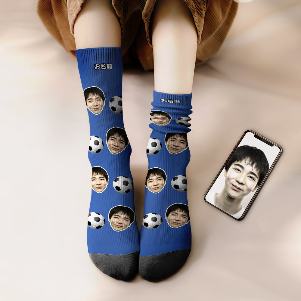 カスタムフェイスソックス-写真入り名入れ可能なサッカーボール柄のオリジナル靴下プレゼント