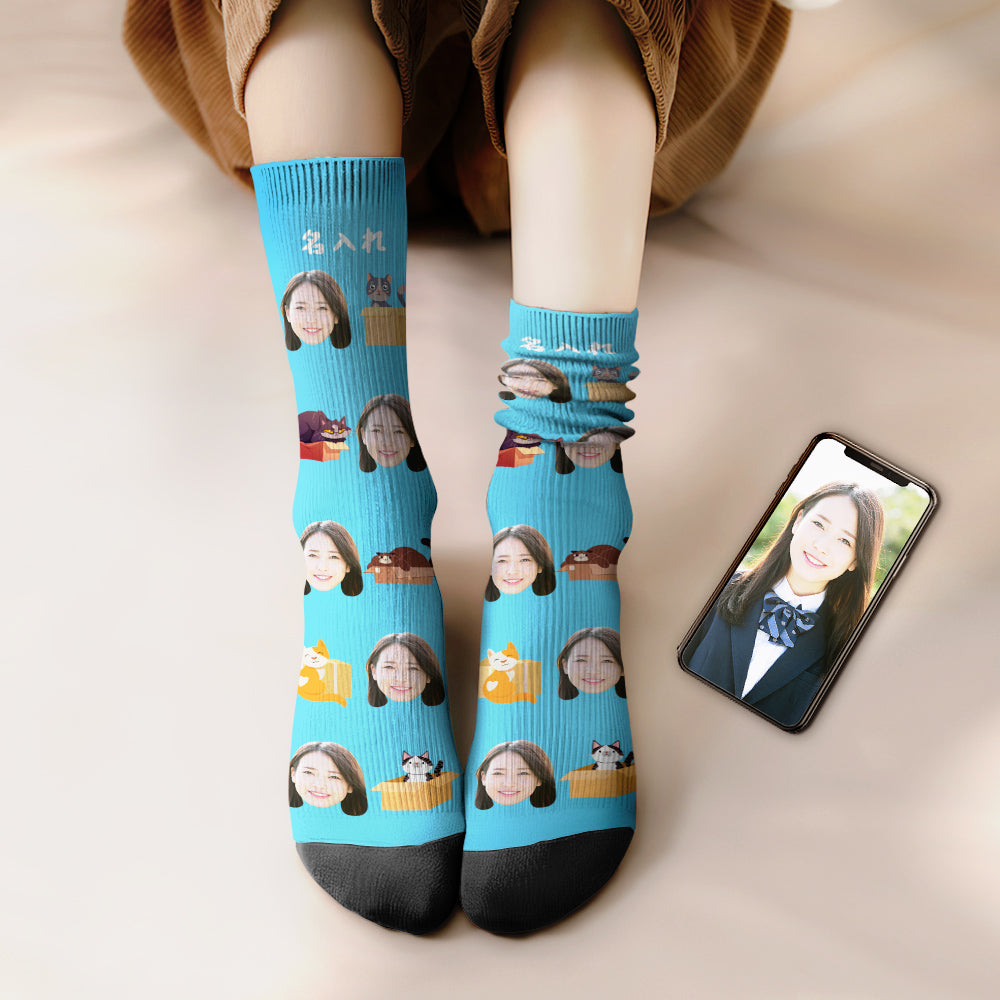 カスタムフェイスソックス-写真入れ名入れ可能な箱猫柄のオリジナル靴下プレゼント