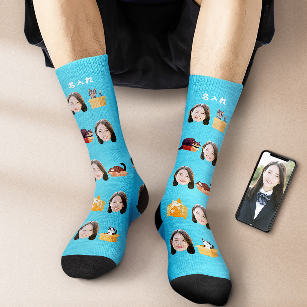 カスタムフェイスソックス-写真入れ名入れ可能な箱猫柄のオリジナル靴下プレゼント