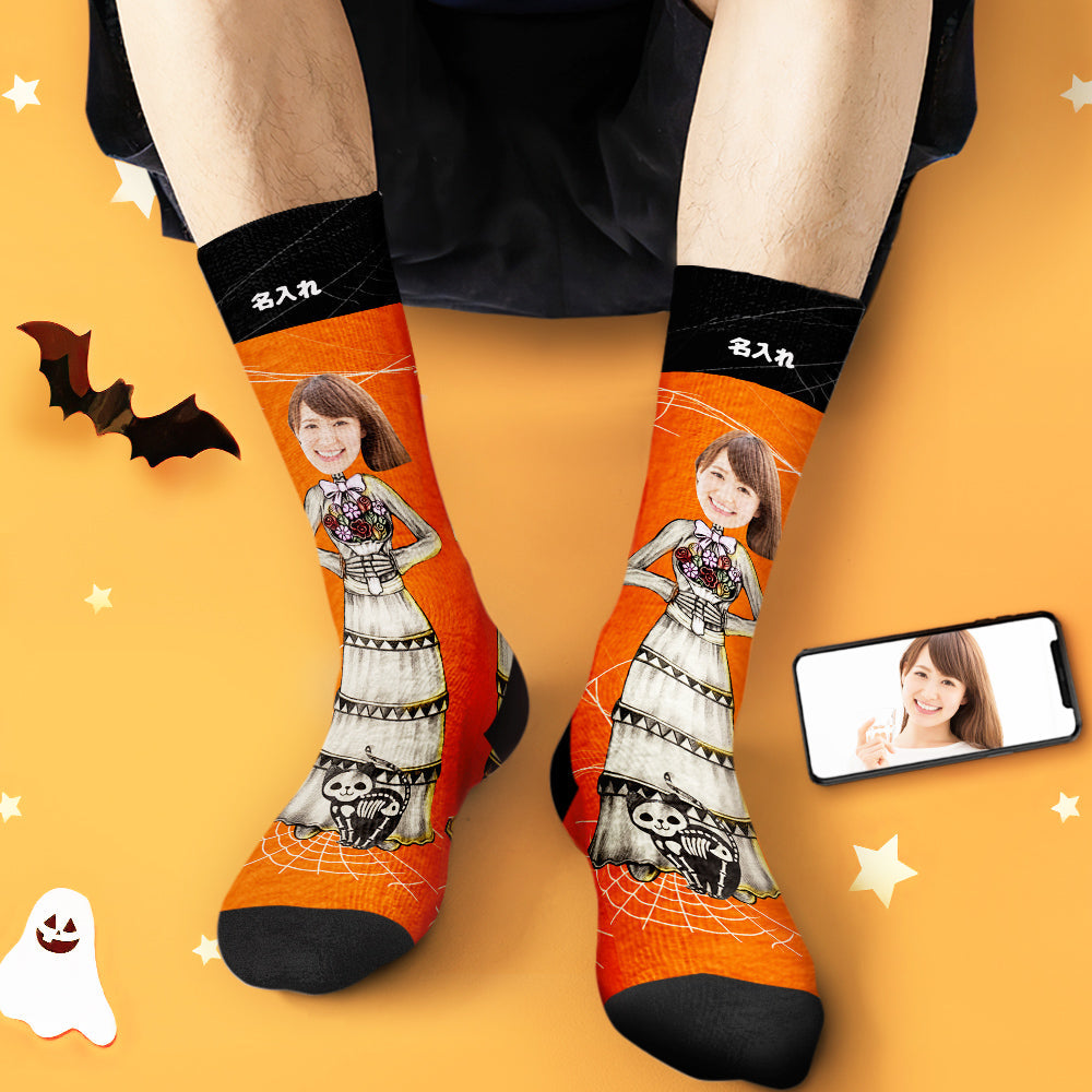 カスタムフェイスソックス-写真入れ名入れ可能な万聖の花嫁柄のハロウィンオリジナル靴下プレゼント