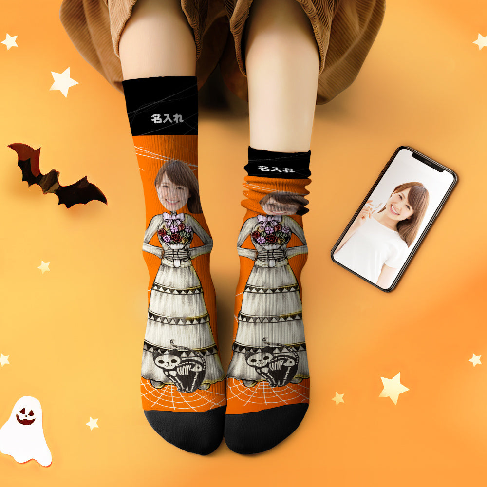 カスタムフェイスソックス-写真入れ名入れ可能な万聖の花嫁柄のハロウィンオリジナル靴下プレゼント