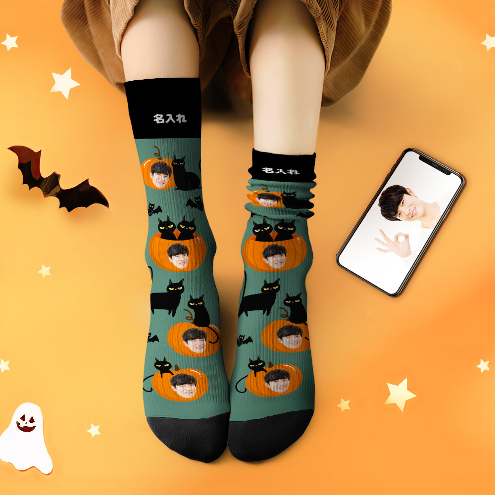 カスタムフェイスソックス-写真入れ名入れ可能なカボチャと黒い猫柄のハロウィンオリジナル靴下プレゼント