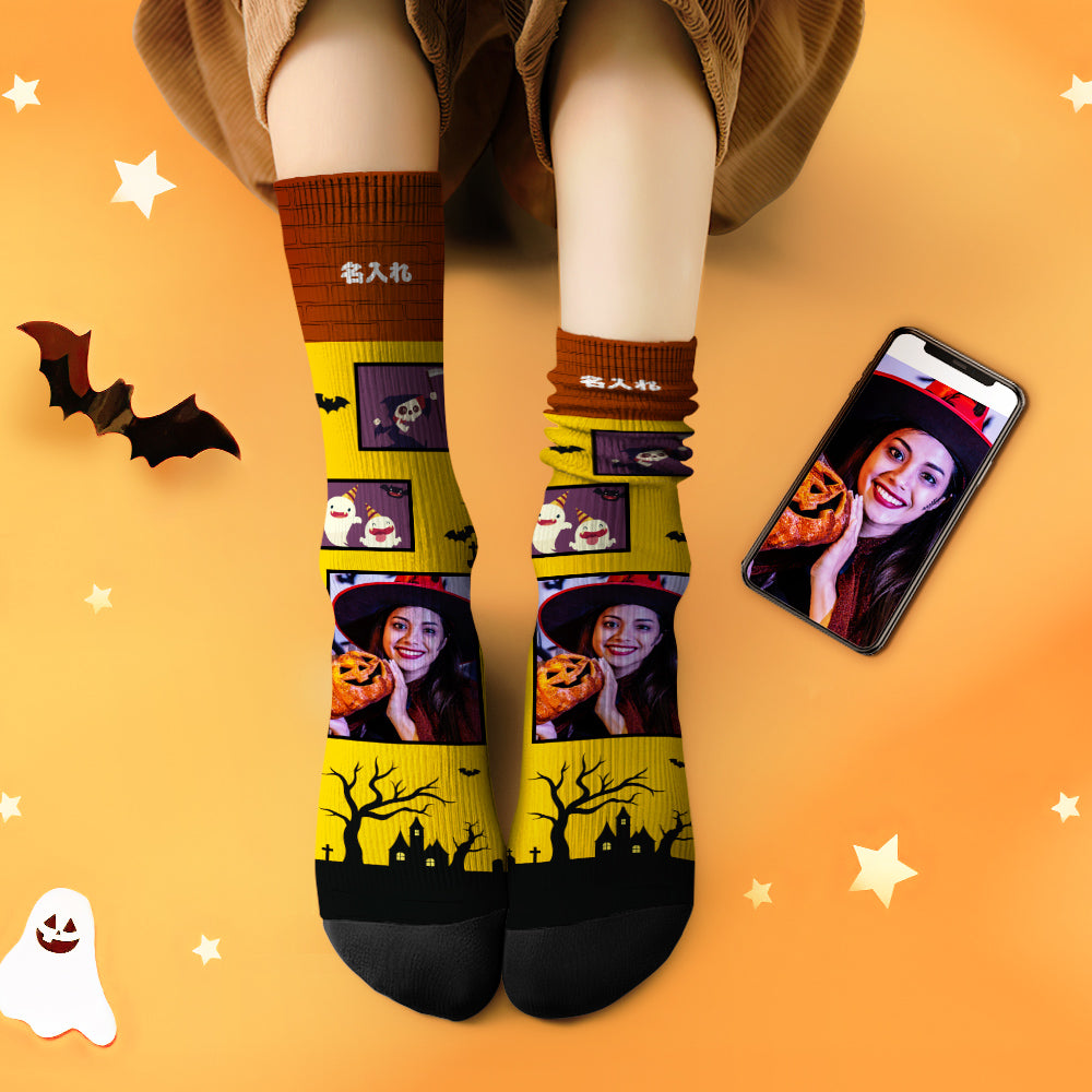 カスタムフェイスソックス-写真入れ名入れ可能なお城と幽霊柄のハロウィンオリジナル靴下プレゼント