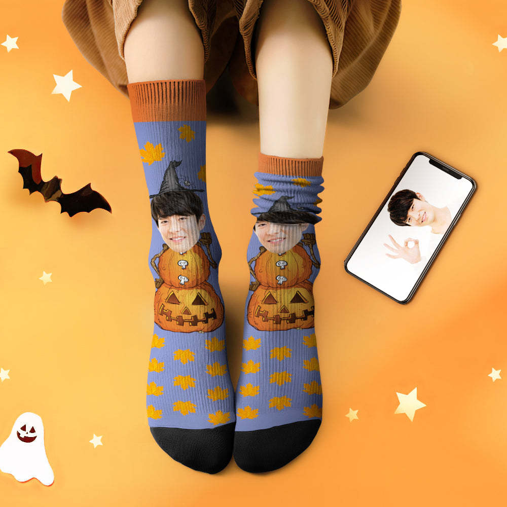 カスタムフェイスソックス-写真入れ名入れ可能なパンプキンマンと楓葉柄のハロウィンオリジナル靴下プレゼント
