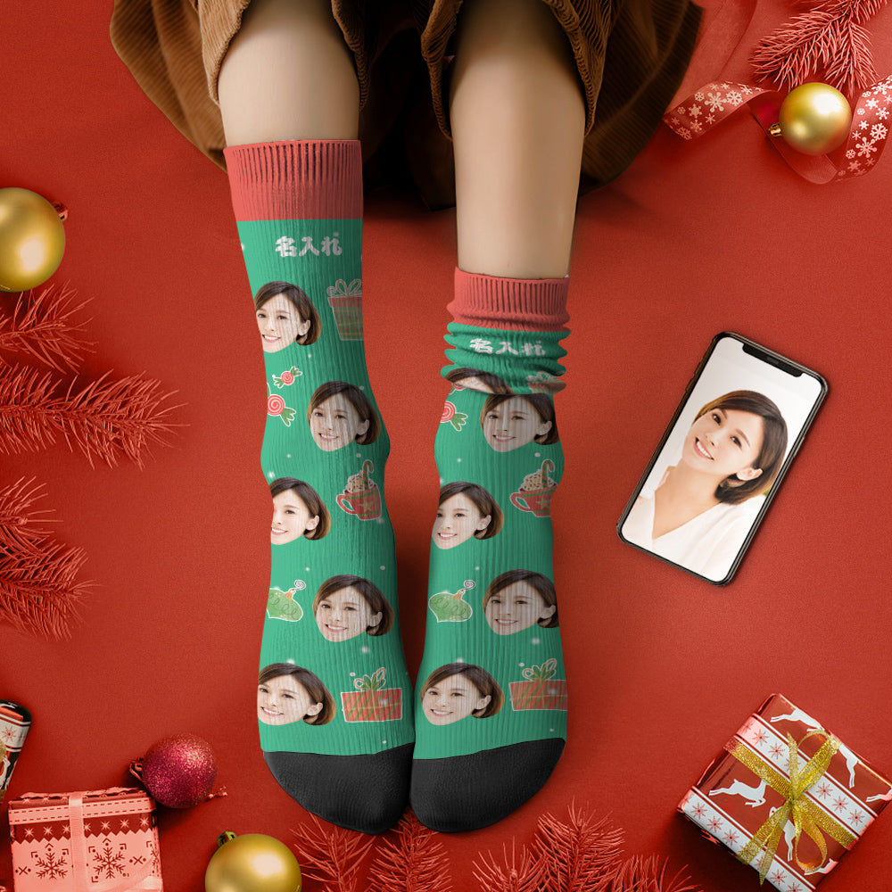 カスタムフェイスソックス-写真入れ名入れ可能なオリジナルクリスマス靴下プレゼント-お菓子プレゼント柄