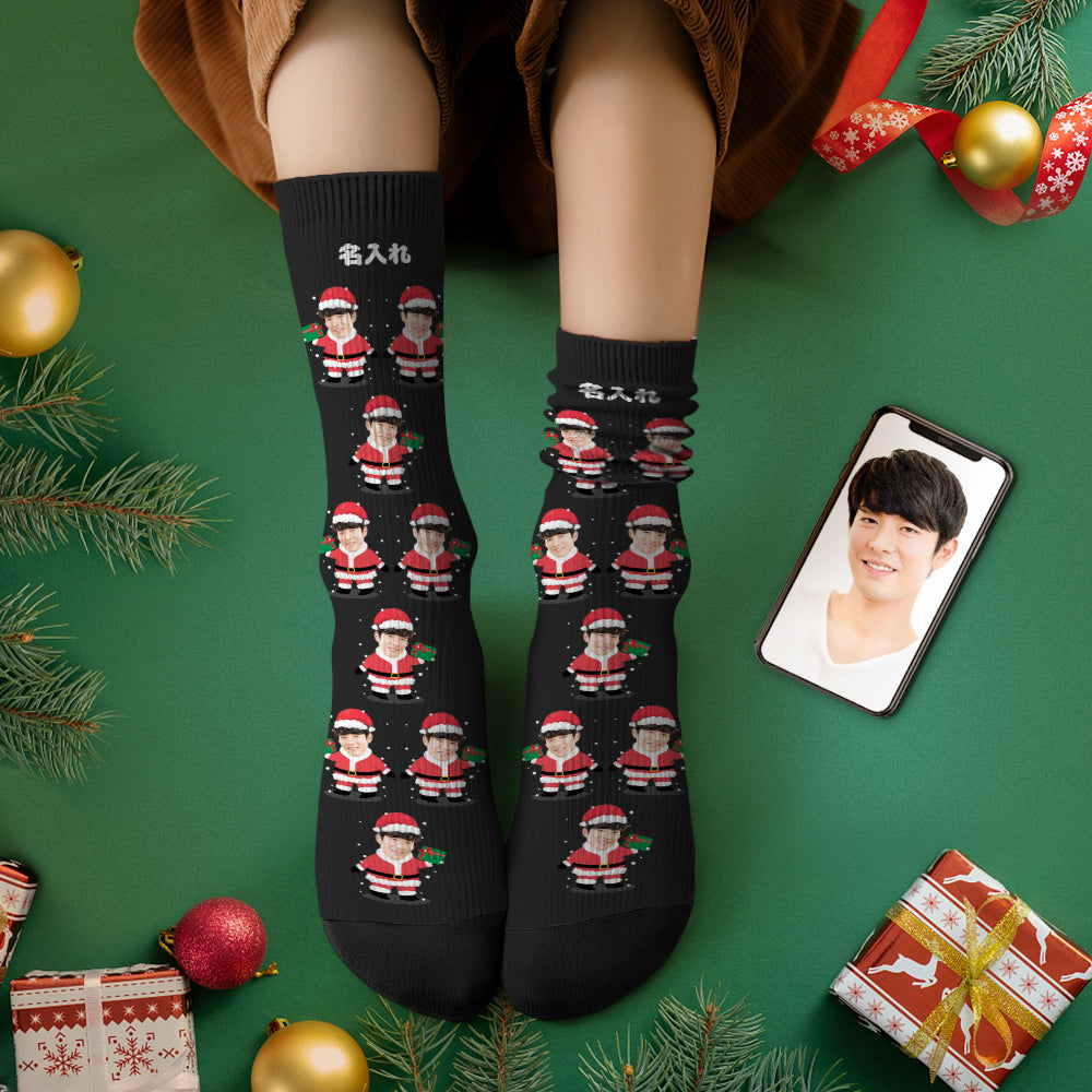 カスタムフェイスソックス-写真入れ名入れ可能なオリジナルクリスマス靴下プレゼント-かわいいサンタクロース柄