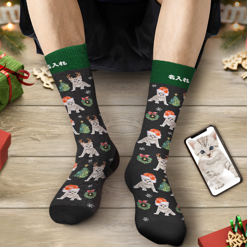 カスタムフェイスソックス-写真入れ名入れ可能なオリジナルクリスマス靴下プレゼント-サンタ帽子をかぶったかわいいネコ