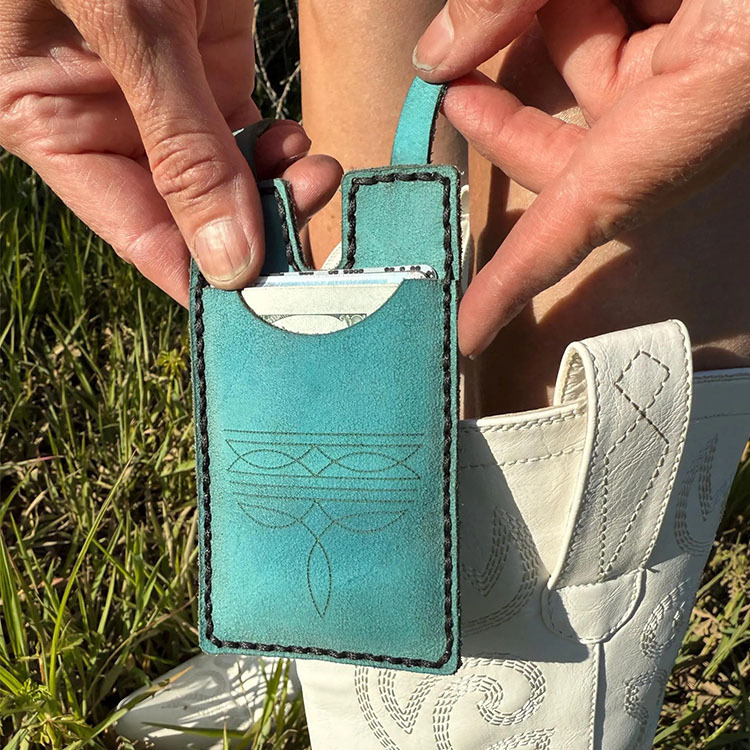 カスタム刻印入りレザーブーツウォレット – スナップストラップ付きウエスタンブーツウォレット、ハンズフリーのロデオ＆コンサート用ブーツストラップウォレット