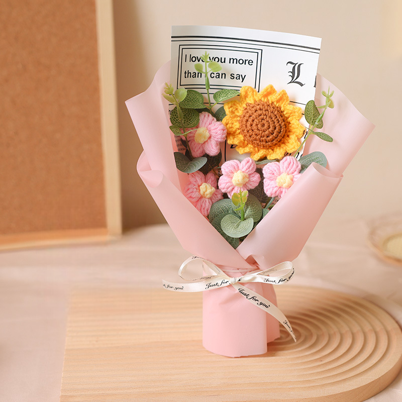 かぎ針編みの花,かぎ針編みのひまわり,手作りのバラの花,編み物の花束
