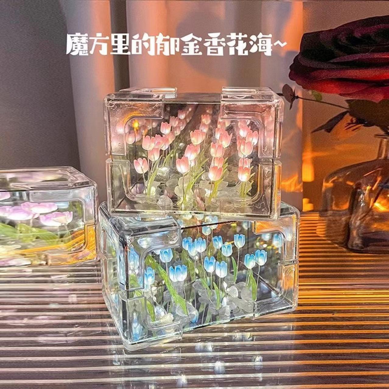 Diy手作りランプアクリルレンズミラー花海立体直方体ナイトライト -