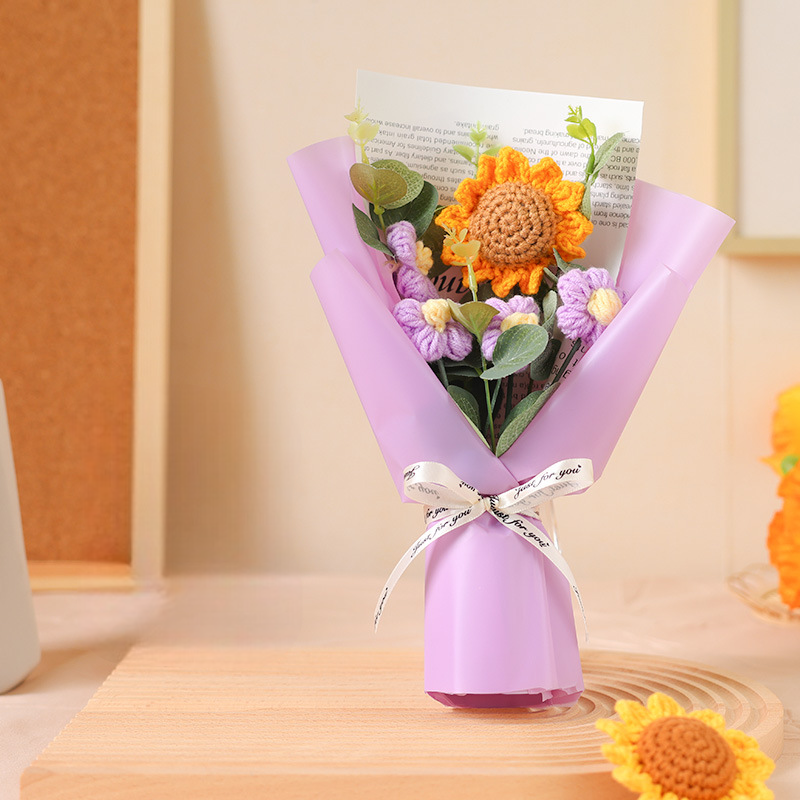 かぎ針編みの花,かぎ針編みのひまわり,手作りのバラの花,編み物の花束,彼女への記念日の贈り物 - 