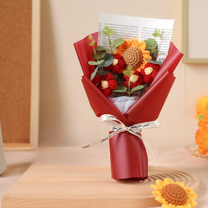かぎ針編みの花,かぎ針編みのひまわり,手作りのバラの花,編み物の花束,彼女への記念日の贈り物 - 