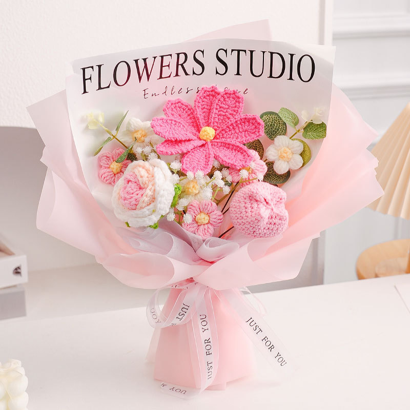 かぎ針編みの花,かぎ針編みのひまわり,手作りのバラの花,編み物の花束,彼女への記念日の贈り物 - 